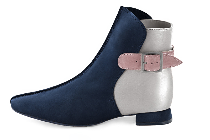 Navy blue, light silver and dusty rose pink women's ankle boots with buckles at the back. Square toe. Flat flare heels. Profile view - Florence KOOIJMAN